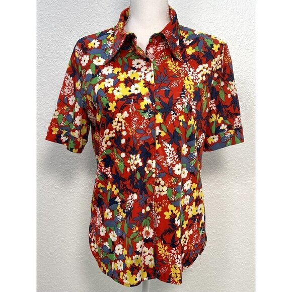 VTG 1970s CENTER STAGE Womens SMALL Red Floral Polyester S/S Button-Up BLOUSE - Picture 1 of 8
